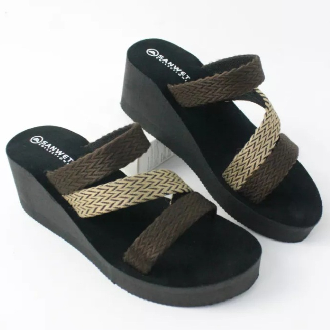 Sandal Wedges Spon Wanita Sendal Wanita Tinggi 5cm Tali Webing Simple Kualitas Bagus