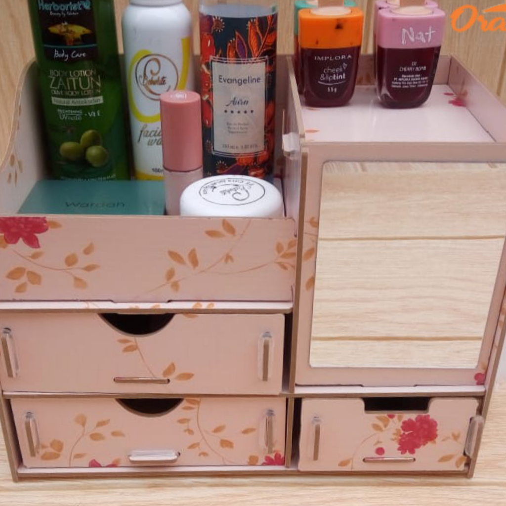 Rak Kosmetik Mini Cosmetic Storage Mini Kotak Penyimpanan Makeup Rak Mini Bahan Kayu Lengkap Dengan Cermin