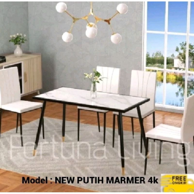 PROMO Set Meja Makan 4 Kursi Marmer Rangka Stainless Steel Besi