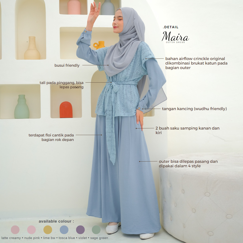 Riskirich Maira Dress 4in1 Style Variasi Outer Bisa Lepas Pasang Gamis Remaja Dewasa Stylish Kekinian