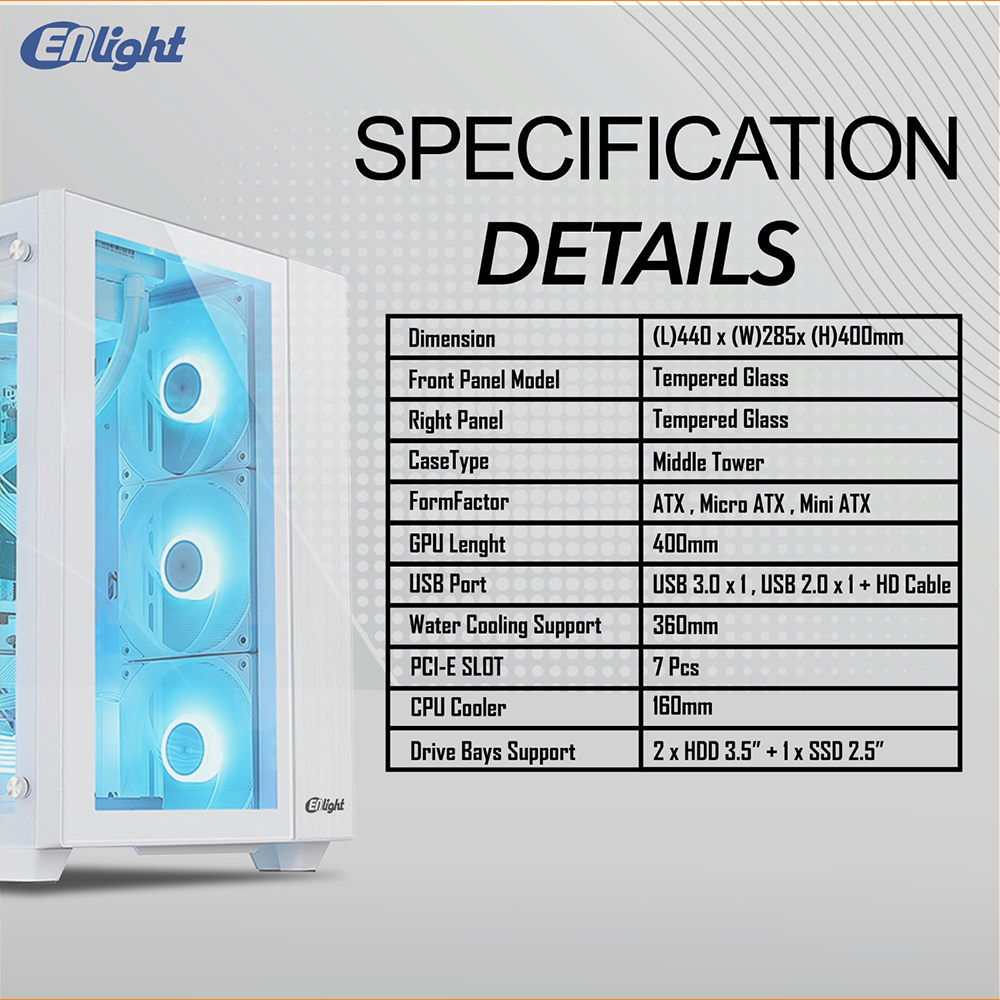 CASING ENLIGHT Z7 WHITE | Midle Tower Case - Tempered Glass