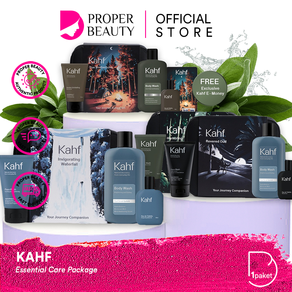 KAHF Essential Care Package Indonesia / Paket Lengkap / Revered Oud Humbling Forest Invigorating Waterfall True Brotherhood Hydrating / Face Wash Body Wash Eau De Toilette / Sabun Pencuci Wajah Badan Mandi Parfum / Skincare Pria Series Bundle Full Set