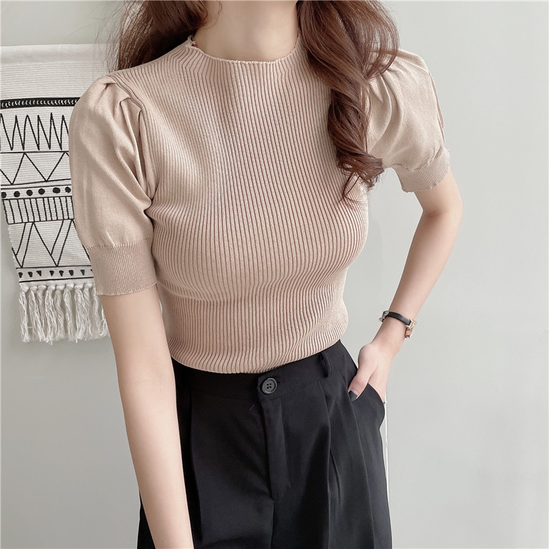 【 Bra Mall 】BJ-060 Atasan Turtleneck Rajut Wanita Korean Style Lengan Pendek Import Premium | Atasan Lengan Pendek Rajut Import