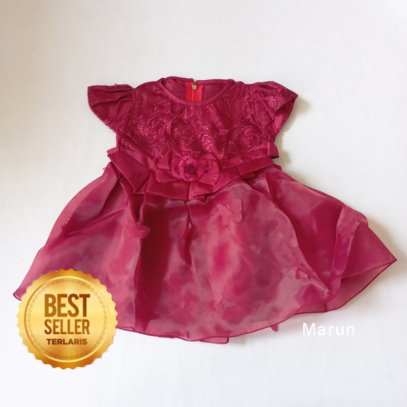 Baju Bayi 0 6 Bulan Newborn Dress Anak Warna Marun Gaun Pesta Ulang Tahun Kondangan Nikahan Hari Raya Bahan Organza Terlaris KA104