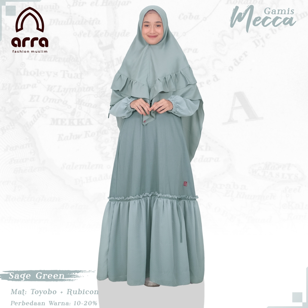 ARRA GAMIS LONG DRESS REMAJA WANITA MUSLIM SAGE GREEN MECCA / DRESS KONDANGAN / DRESS LEBARAN / GAMI