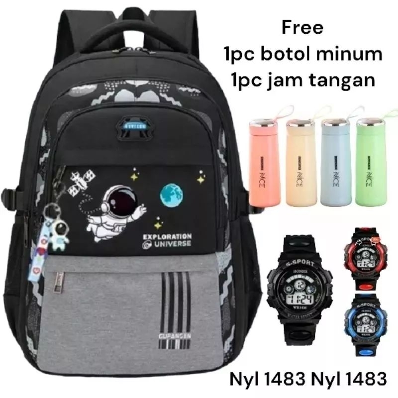 Tas Ransel Anak SD SMP Gratis Botol Minum Dan Jam Tangan Motif Astronot