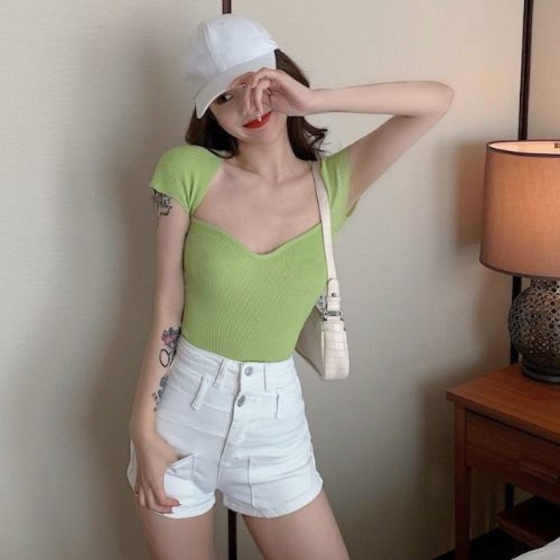 Sexy Top French Sexy Knitted Short Sleeve Crop Top Atasan Wanita Import A119