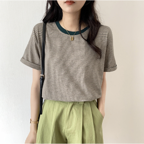 GirlWish Fashion Korean Oversize Basic Stripes Woman T-Shirt Atasan Kaos Oversize Wanita