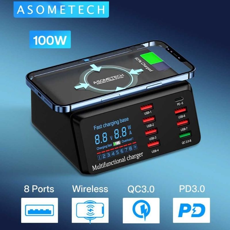 ASOMETECH Charging Station USB Dock Quick Wireless Charge 8 Port 100W - WLX-X9