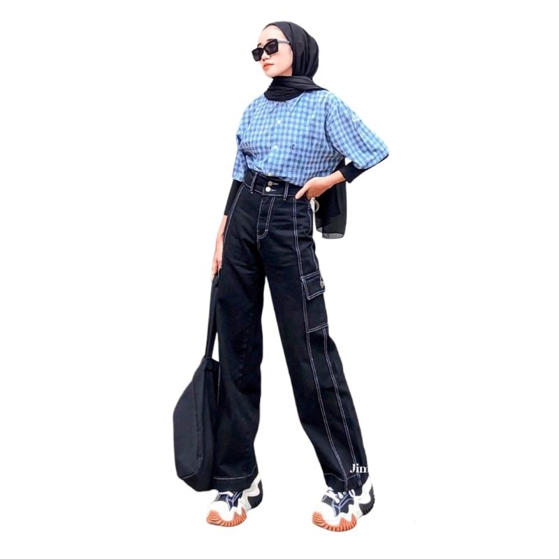 Alpha Celana Panjang Wanita Jeans Cargo High Waist