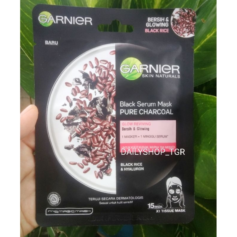 Garnier pure Charcoal black serum mask glow reviving hidration bersih &amp; glowing black rice