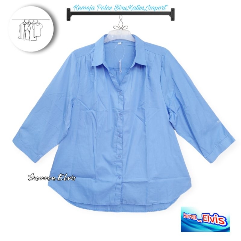 Kemeja Katun Biru Polos Wanita