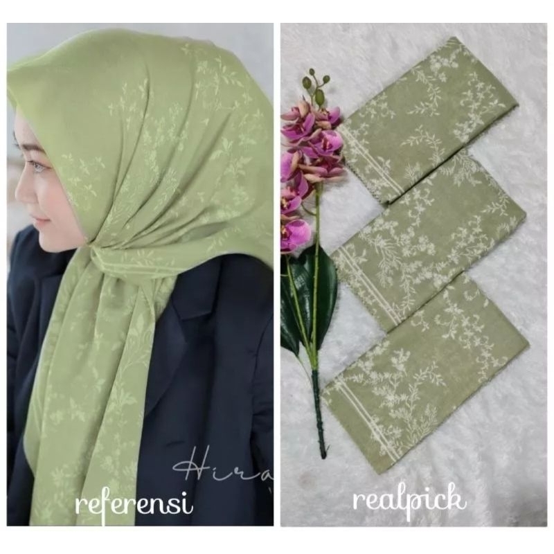 hijab segiempat motif  flores warna sage