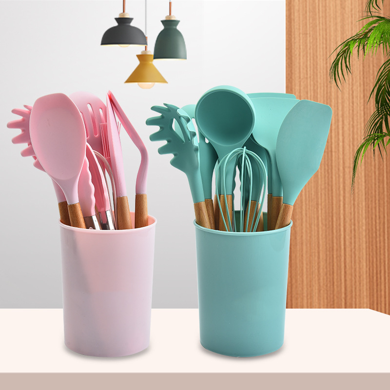 Sutil Silicone Set 12pcs Spatula Silikon Gagang Kayu Sodet Capitan Peralatan Masak Anti Panas Kitchen Set Free Wadah