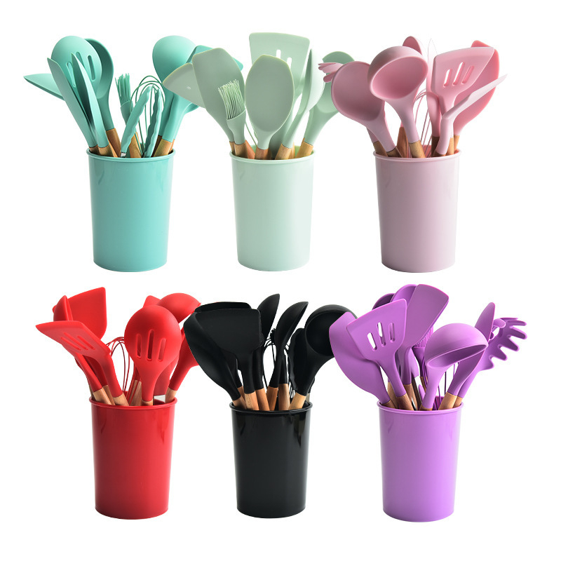Sutil Silicone Set 12pcs Spatula Silikon Gagang Kayu Sodet Capitan Peralatan Masak Anti Panas Kitchen Set Free Wadah