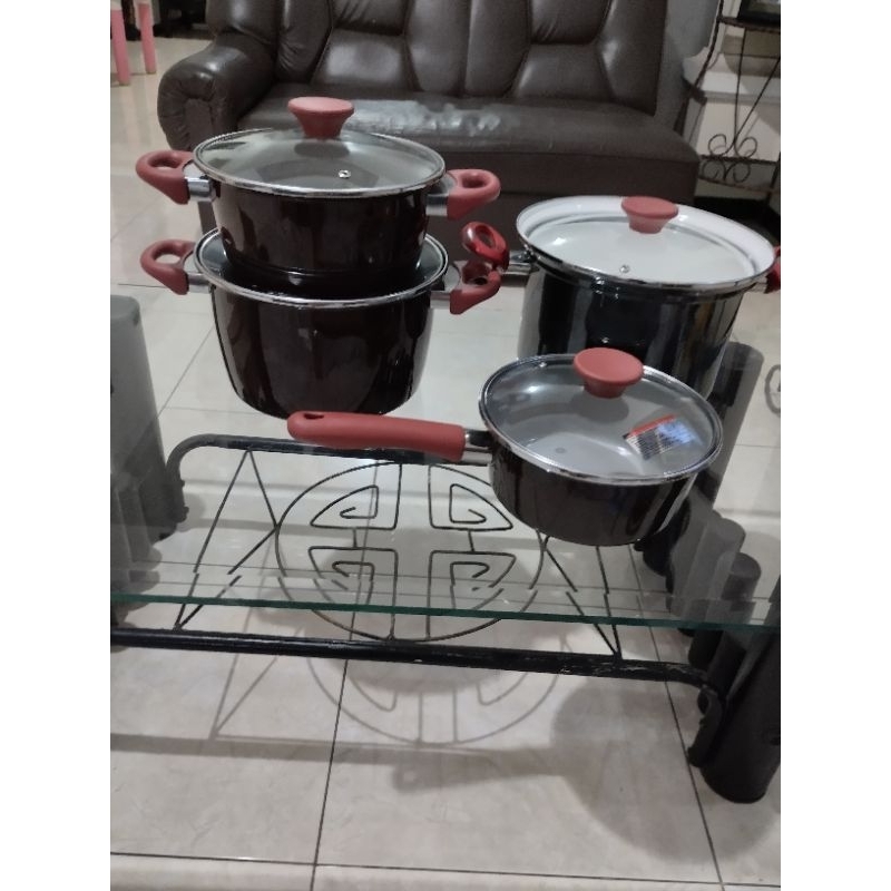panci enamel set coklat / panci enamel tebal / saucepan enamel / panci gagang enamel