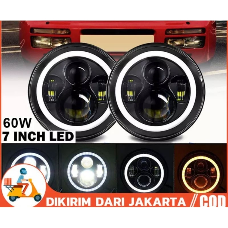 COD Daymaker Lampu Daymaker bulat 7inch 4led daymaker motor dan mobil 2warna 60watt 7inch led
