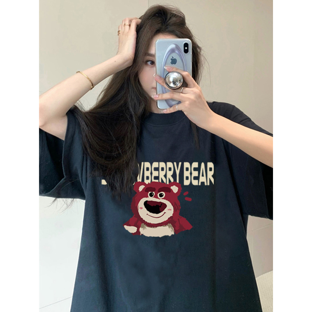 Kaos Atasan Wanita Lengan Pendek Oversize Letter and Cute Bear  Printed T-shirt Baju Wanita Kekinian Korean Style