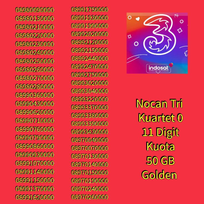 Nomor Cantik Nocan 11 Digit Kuartet 0 Kartu Perdana Tri Three 4G LTE Kuota 50GB Golden