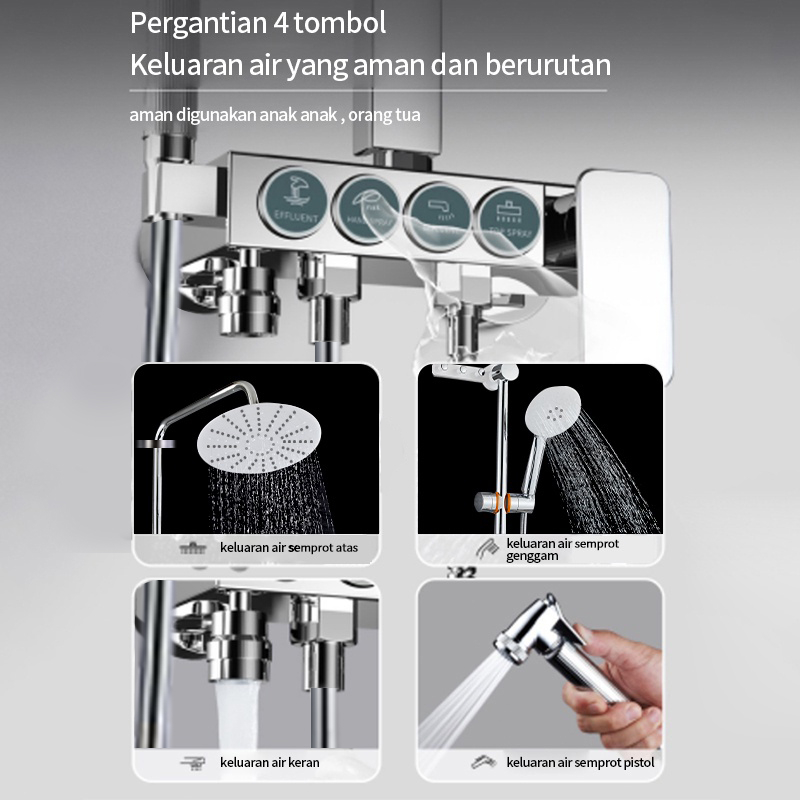 KERROGEE Shower Kamar Mandi 4 Dalam 1 Set Dengan Faucet /Shower Tiang Set Panas-Dingin/Set pancuran tembaga lengkap /4 Tombol Fungsi