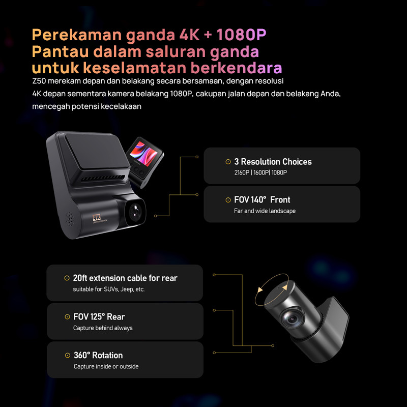 DDPAI Z50 Dash Cam 4K Dual Camera 2160p HD GPS Car Dashcam 140 24Hour