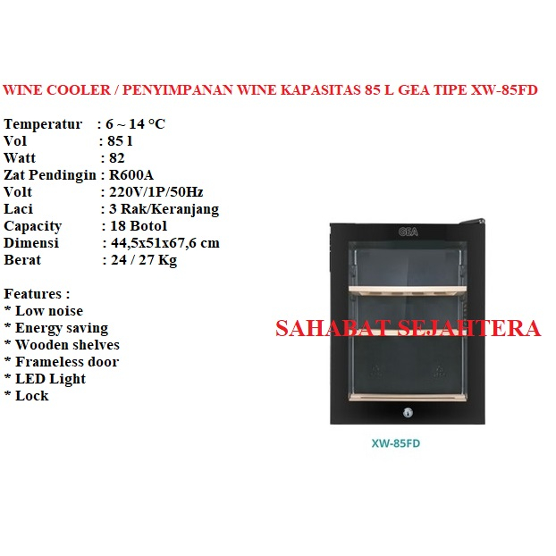 GEA Wine Cooler Single Temperature XW-85FD Kulkas Pendingin Penyimpan Wine