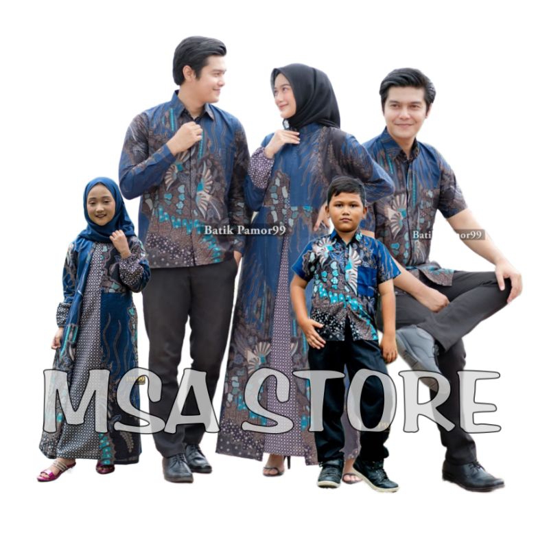 Batik Couple Keluarga Modern Terbaru Set Sarimbit Gamis Keluarga Kemeja dan Hem motif merak navy