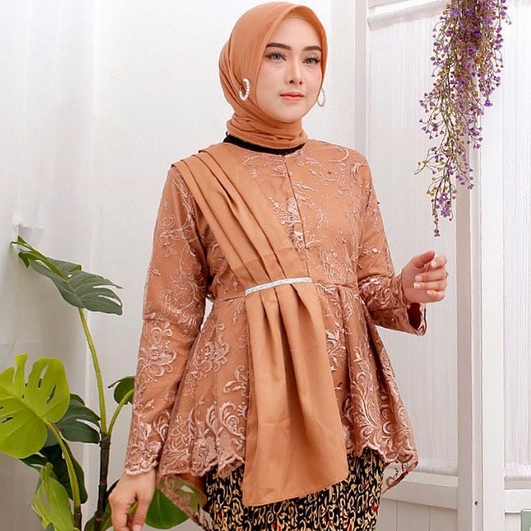 Selendang Set Setelan Tunik Kebaya Selendang + Rok Plisket Batik Warna Coklat Tua Susu Mocca Moka Br