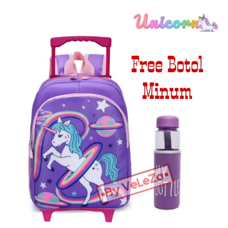 Tas ransel troli anak PAUD TK karakter unicorn canvas gratis botol minum - tas anak