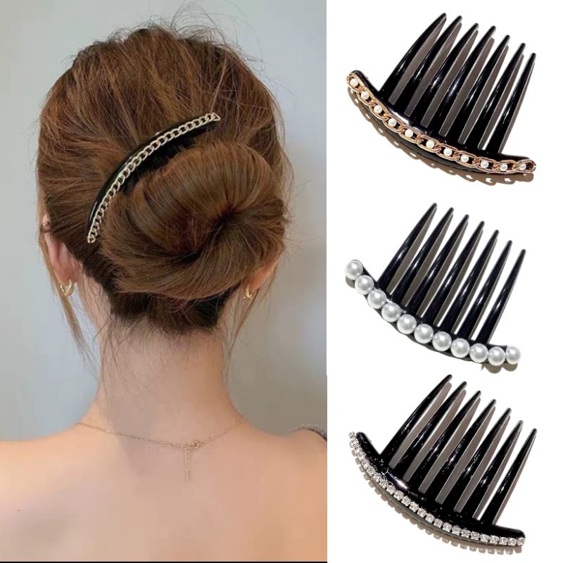 Sirkam Sanggul Ukuran 10.3cm Impor Dengan Balutan Aksesoris Mutiara Warna Hitam 7 Taring Perarl Hair Comb