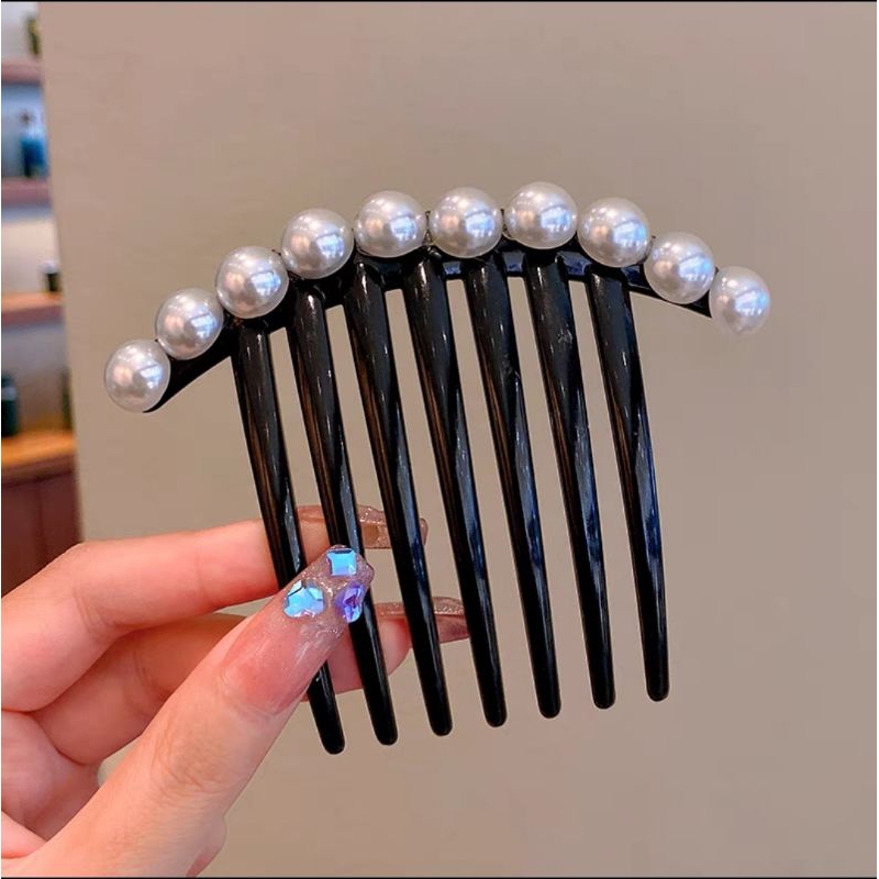 Sirkam Sanggul Ukuran 10.3cm Impor Dengan Balutan Aksesoris Mutiara Warna Hitam 7 Taring Perarl Hair Comb