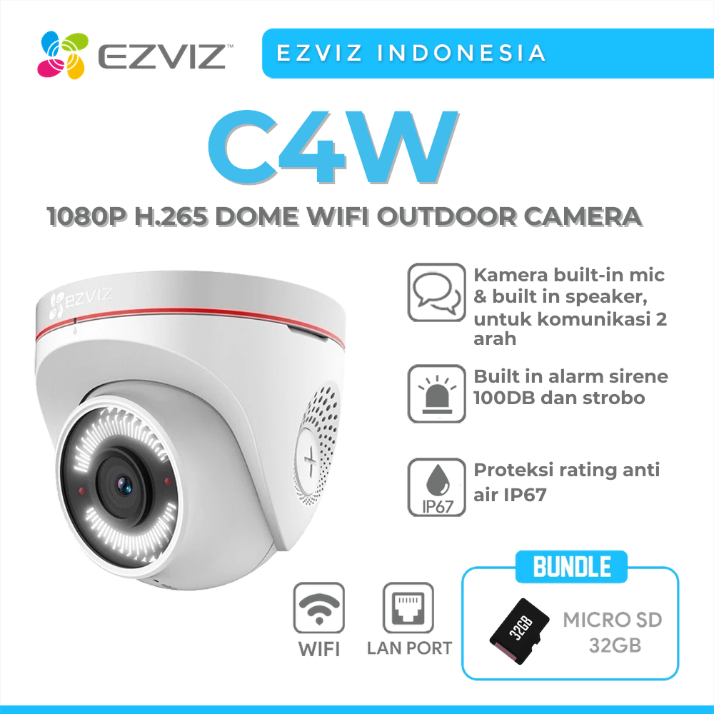 EZVIZ C4W Bundle Micro 32GB - 1080P Outdoor IP Camera CCTV With Siren and Strobe light