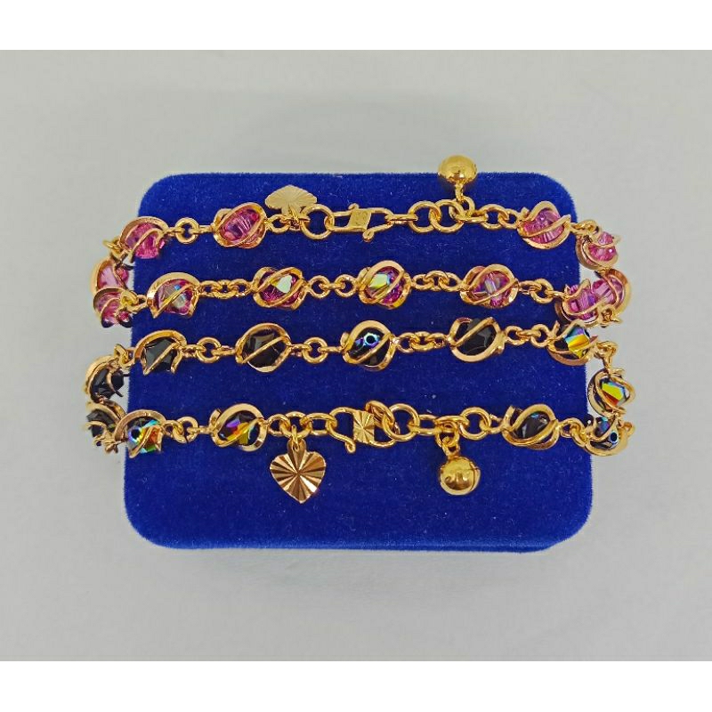 gelang tangan rantai kristal+1bel+1love ukir/perak asli silver 925 lapis emas/perhiasan fashion terbaru