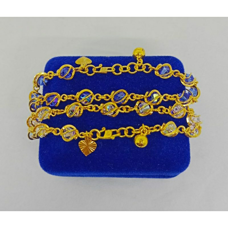 gelang tangan rantai kristal+1bel+1love ukir/perak asli silver 925 lapis emas/perhiasan fashion terbaru