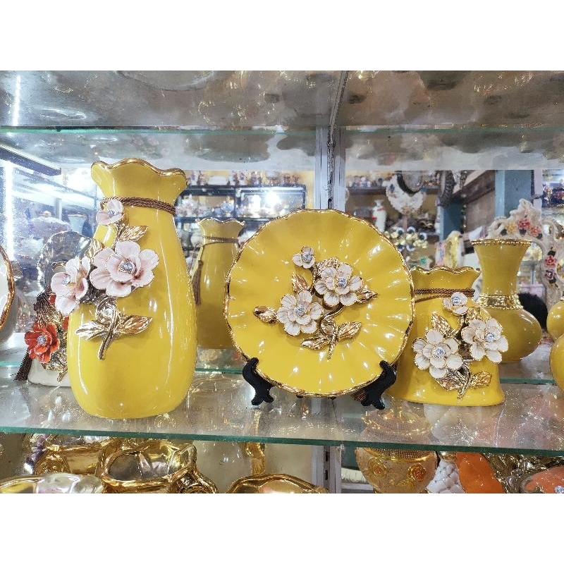 Guci Vas Piring set 3pc keramik hias mewah