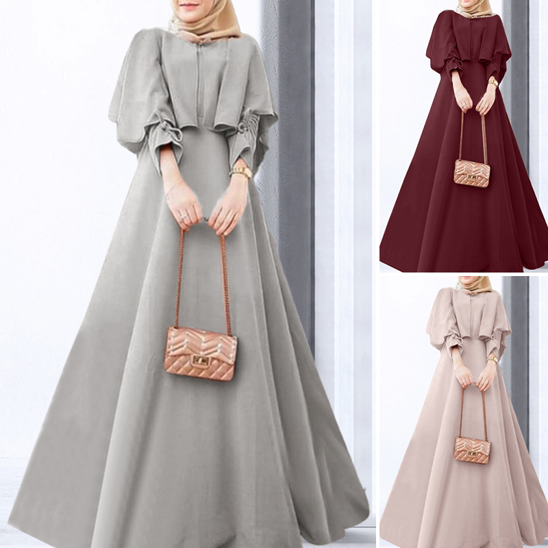 ZANZEA Women Muslim Fashion Full Sleeve Casual Loose Ruffle Hem Long Dress