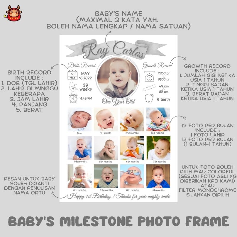 One Year photo frame My First Year photo board Baby photo frame baby milestone photo frame 1 year old gift baby boy girl hadiah kado ulang tahun anak 1 tahun foto frame