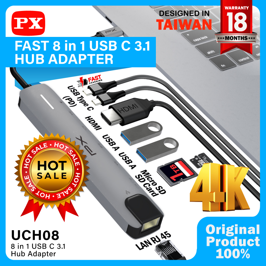 Converter Hub Adapter 8 in 1 Type C 3.1 to USB C 4K HDMI PX UCH08