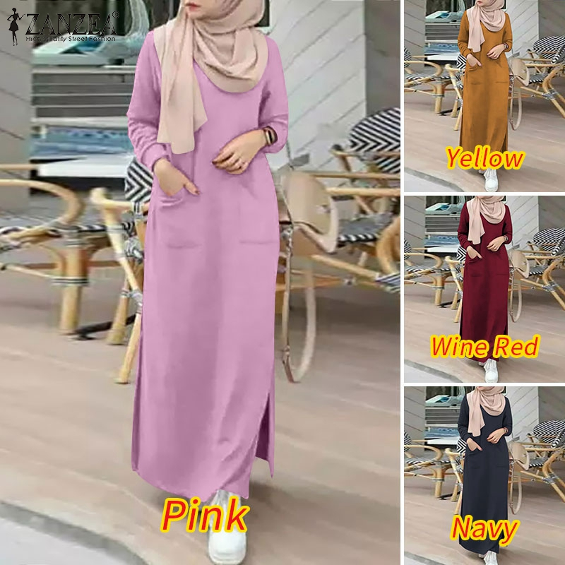 ZANZEA Women Muslim Casual Fashion Solid Long Sleeve O Neck All-match Maxi Dress