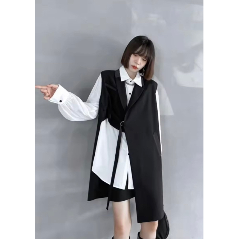 Blazer Zigzag asimetric harajuku / vest korean style / rompi hitam korea