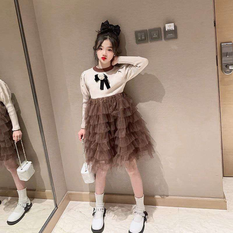 Dress Tutu Anak Perempuan Knitted Flower Coffee