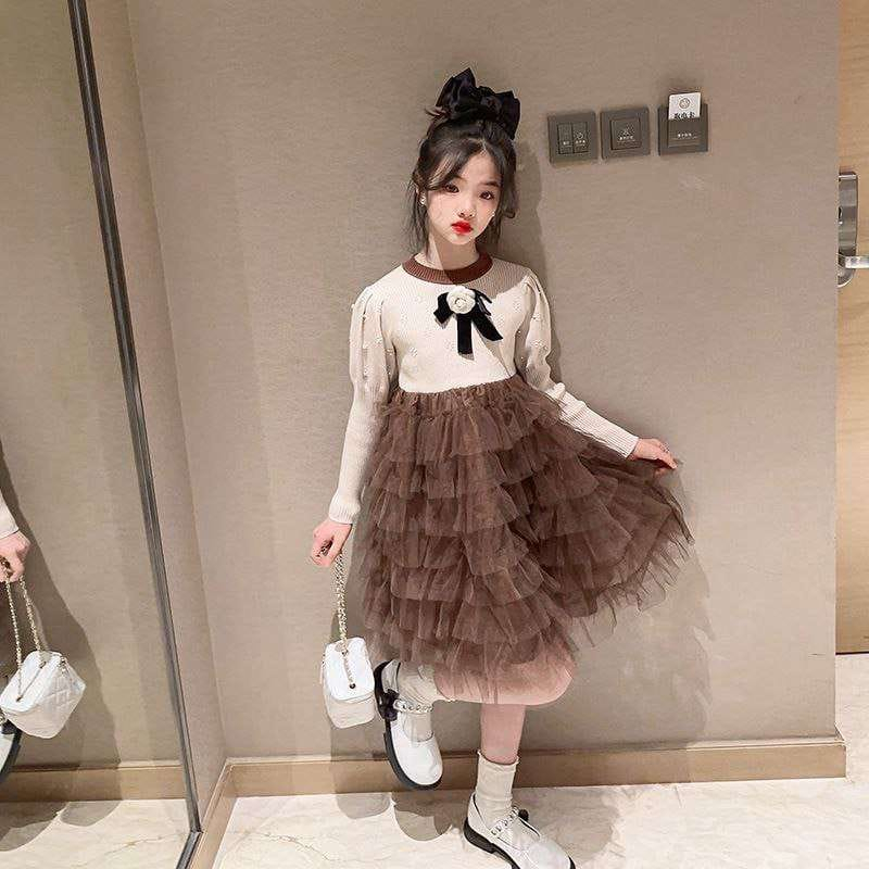 Dress Tutu Anak Perempuan Knitted Flower Coffee