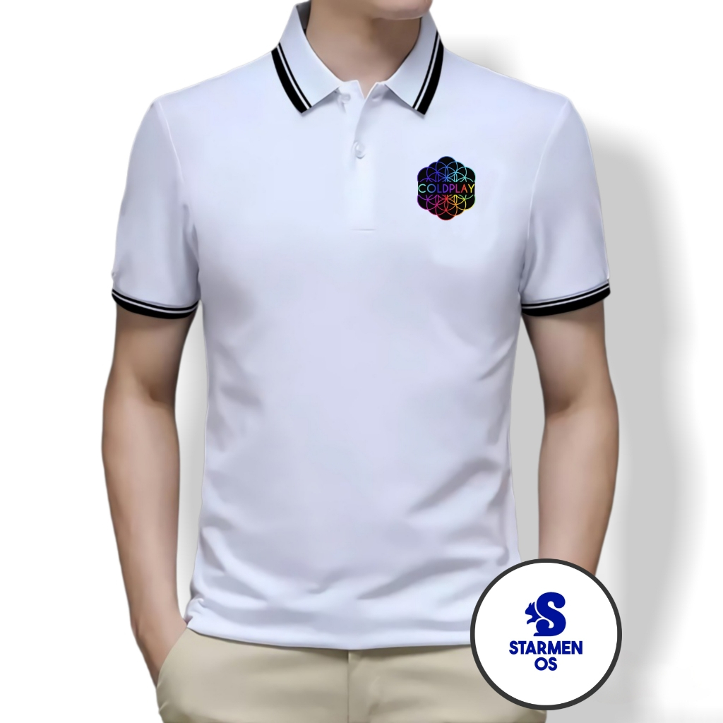 Kaos Polo Shirt Pria Kerah List Putih Logo COLDPLAY A