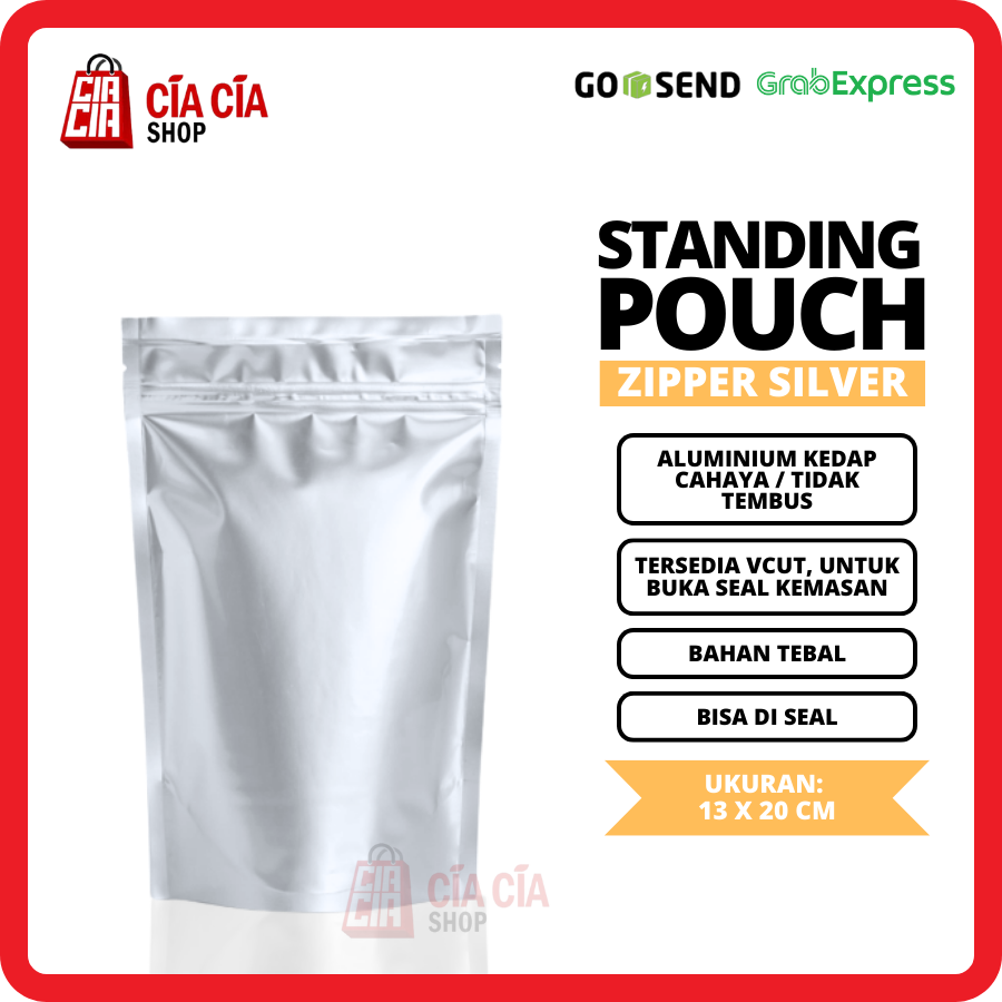 Kemasan Standing Pouch Zipper Alu Silver Food Grade Kedap Cahaya 13x20