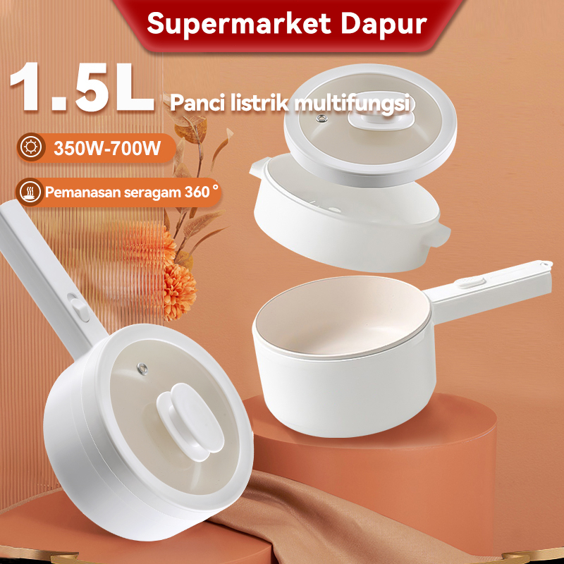 Panci Listrik Serbaguna Anti Lengket Low Watt Advance Panci Listrik Portable Mini 1.5Liter Electric Pan Panci Listrik Multifungsi Anti Lengket Anti Gores Liner Nano Porselen Putih Penggorengan