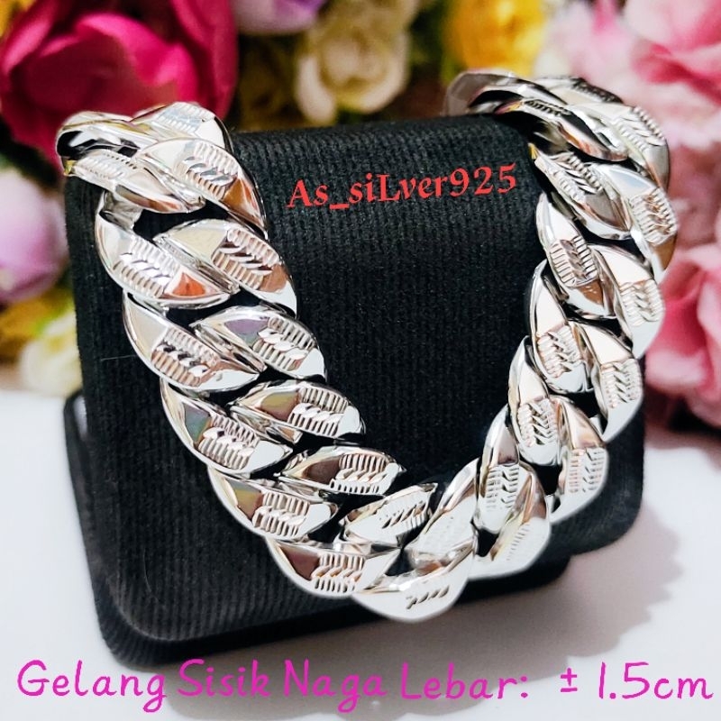 GELANG PERAK SISIK NAGA UKIR LEBAR 1.5CM PRIA WANITA ASLI SILVER 925 LAPIS MAS PUTIH_GELANG TANGAN U