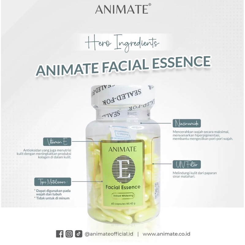 【Official Outlet】ANIMATE - Facial Essence Serum Wajah Mengandung Vitamin E Niacinamide isi 60 Kapsul | Serum Wajah Pencerah Kulit Kusam Kering Extra Melembabkan Menyamarkan Keriput Noda Hitam Flek Bekas Jerawat Halal Original Viral BPOM