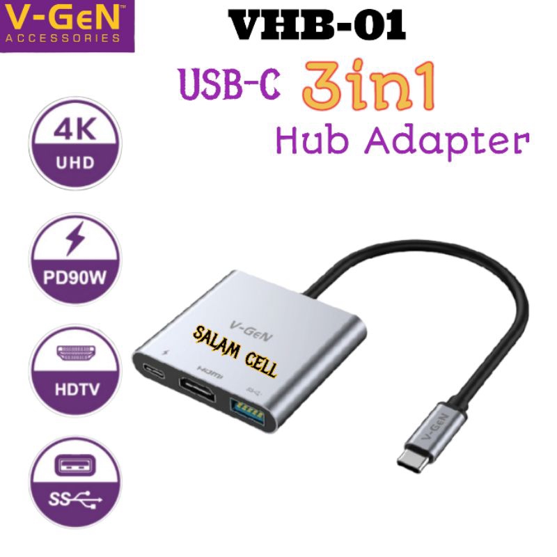 Adapter V-Gen VHB-01 TYPE-C USB HUB 3 In 1 Cable Length 9.5cm Original