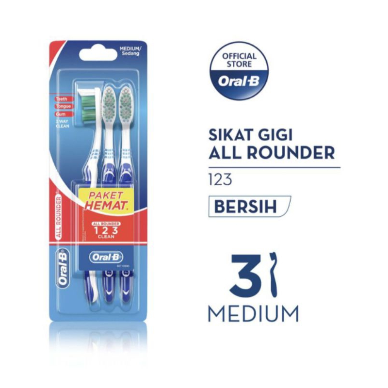 Oral B Sikat Gigi All Rounder 123 3's | Oral B 3 in 1 Actoin Soft