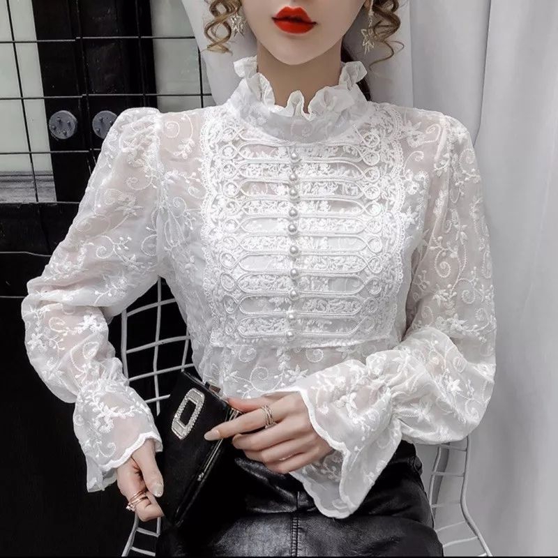 2951 Baju atasan LACE TOP lengan panjang turtle neck brokat Korea Korean style wanita premium import